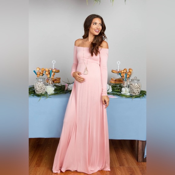PinkBlush Petite Pink Solid Off Shoulder Maternity Maxi Dress -Size Small Long - Picture 2 of 12